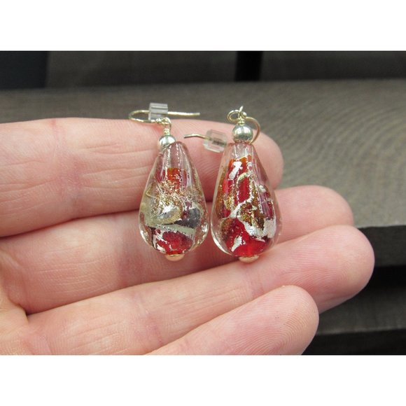 Sterling Silver Handmade Red Clear Glass Dangle Earrings - Picture 1 of 4